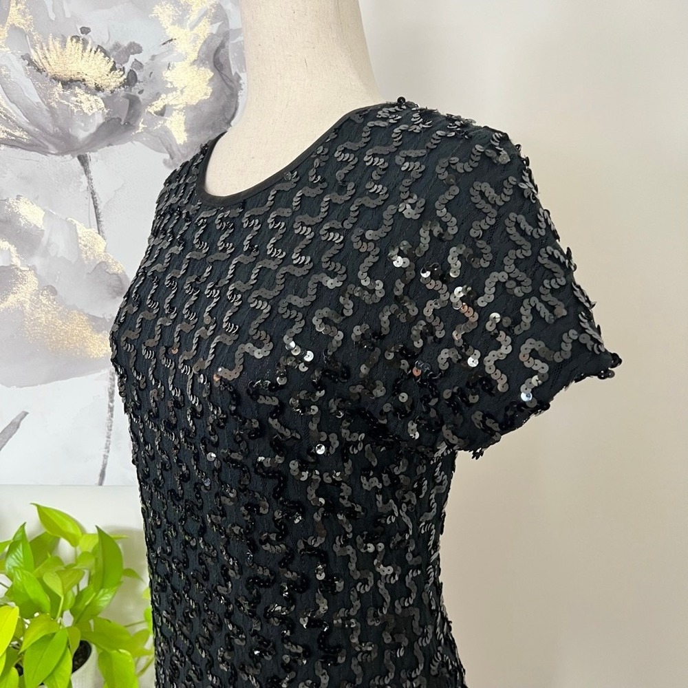 Vtg Petite Lanz Black Sequin Mini Cocktail Dress Made in USA Holiday Party Goth - Picture 6 of 9